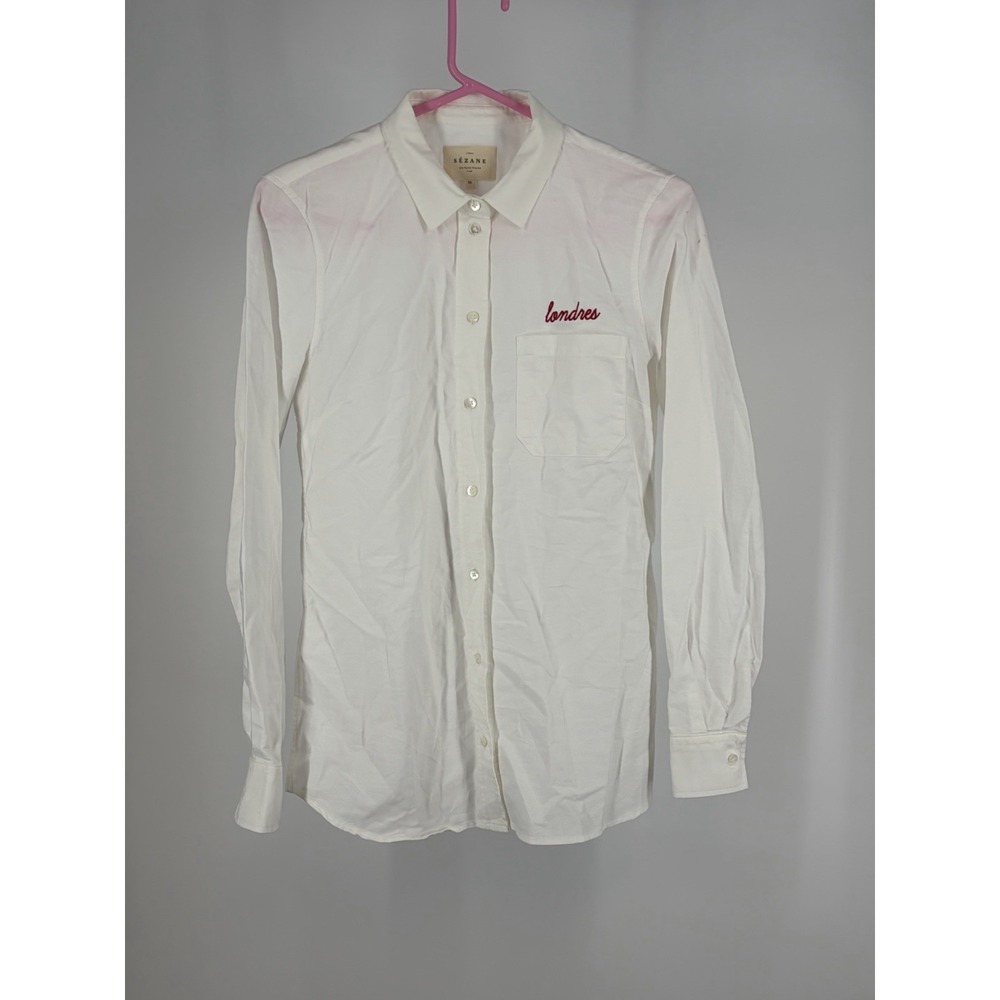 Sézane Londres Embroidered Button Down Women's 36 White Paris Shirt